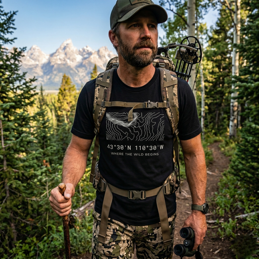 A bowhunter wearing a black High Country Heritage Wyoming topographic map t-shirt stands on a forested trail in the Bridger-Teton with a compound bow on his pack and the Grand Teton peaks rising dramatically behind him.