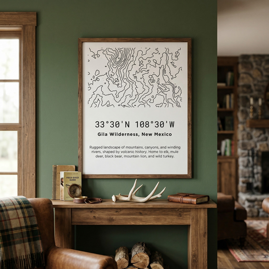 A minimalist Gila Wilderness New Mexico topographic map poster displayed in a walnut frame above a wood mantel in a hunting cabin with forest green walls, antlers, a leather chair, plaid blanket, and a stone fireplace visible in the background.