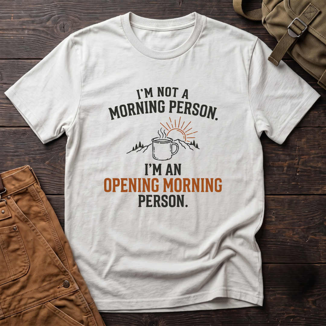 White funny hunting t-shirt with I'm Not A Morning Person, I'm An Opening Morning Person text and a steaming camp mug in front of mountains and a rising sun