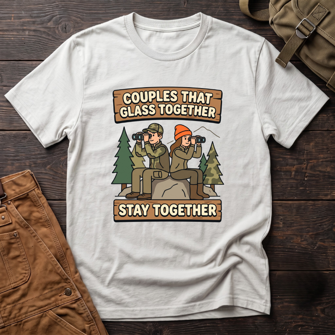 White funny hunting couple t-shirt with Couples That Glass Together Stay Together signs and a hunting couple glassing with binoculars