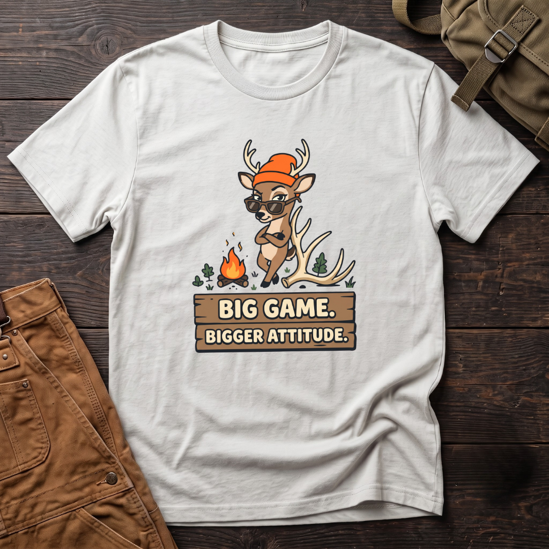 White funny women's hunting t-shirt with Big Game. Bigger Attitude. on a wood sign and a cartoon deer in sunglasses and a blaze orange beanie