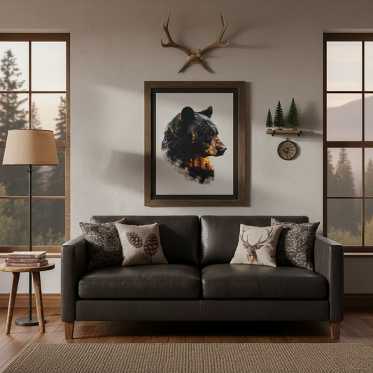 Black bear double exposure forest art print displayed in a dark walnut frame on a cream wall above a dark leather sofa in a modern mountain lodge, with antlers mounted above the frame.