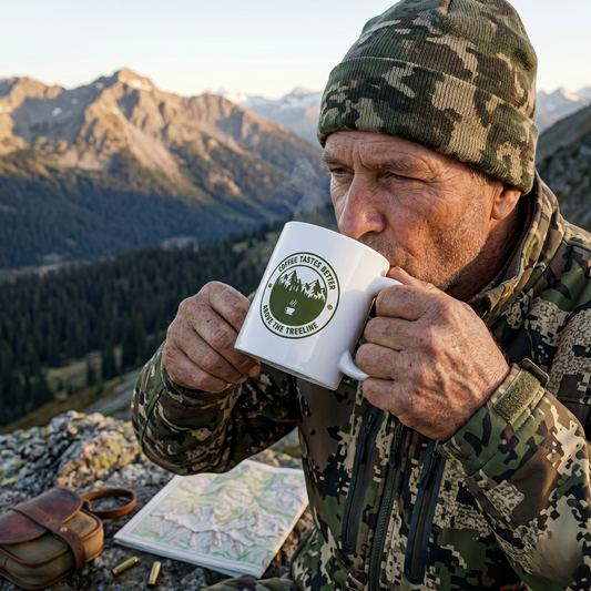 Weathered hunter in full camo gear and a camo beanie drinking from the Coffee Tastes Better Above the Treeline white ceramic mug on a high alpine ridge with snow-capped mountain peaks behind him.
