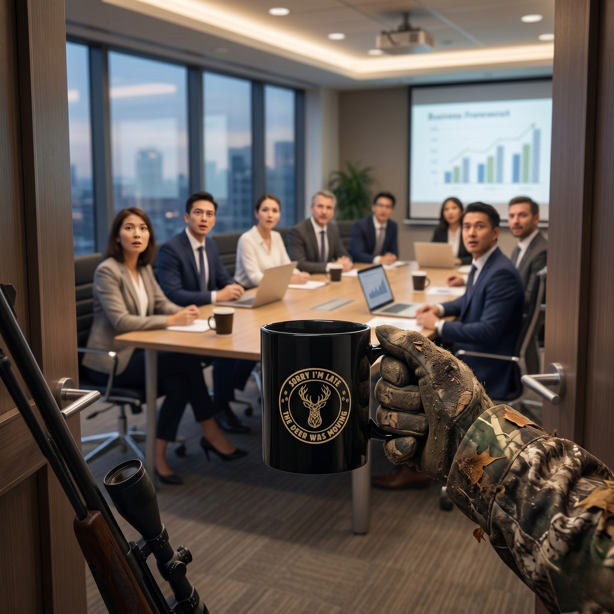 First-person view of a hunter in camo gloves holding a black Sorry I'm Late the Deer Was Moving funny deer hunting mug while arriving late to a corporate boardroom meeting.