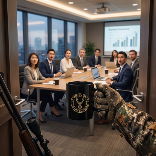 First-person view of a hunter in camo gloves holding a black Sorry I'm Late the Deer Was Moving funny deer hunting mug while arriving late to a corporate boardroom meeting.