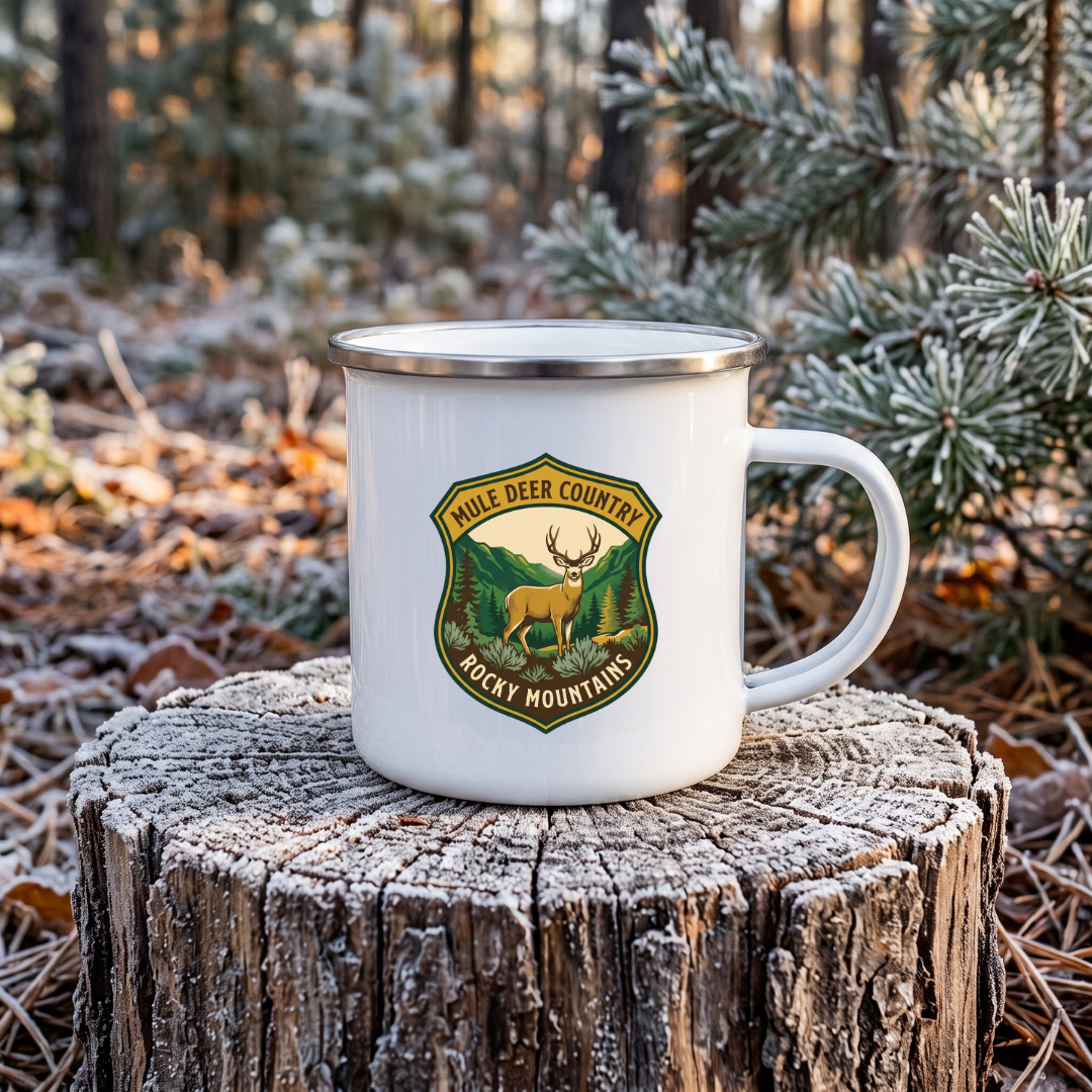 Mule deer country shield 12oz Enamel Mug