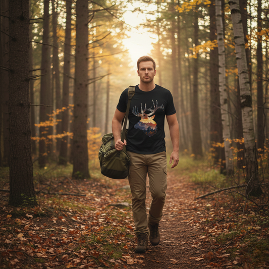 Man wearing the elk mountain sunset wildlife graphic tee in black while walking an autumn forest trail carrying a duffel bag through birch and pine trees.