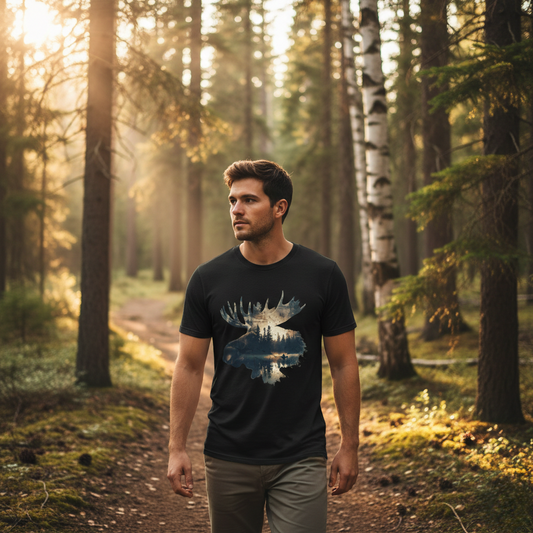 Man wearing the moose wilderness double exposure graphic tee in black while walking a forest trail flanked by birch and pine trees in golden morning light.