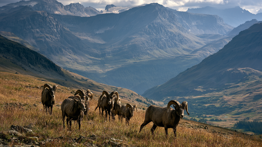 Bachelor band of bighorn rams on high alpine ridge in late summer