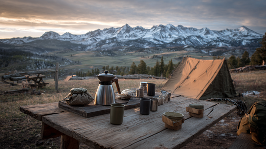 High country hunting camp coffee setup at dawn with mountains in background
