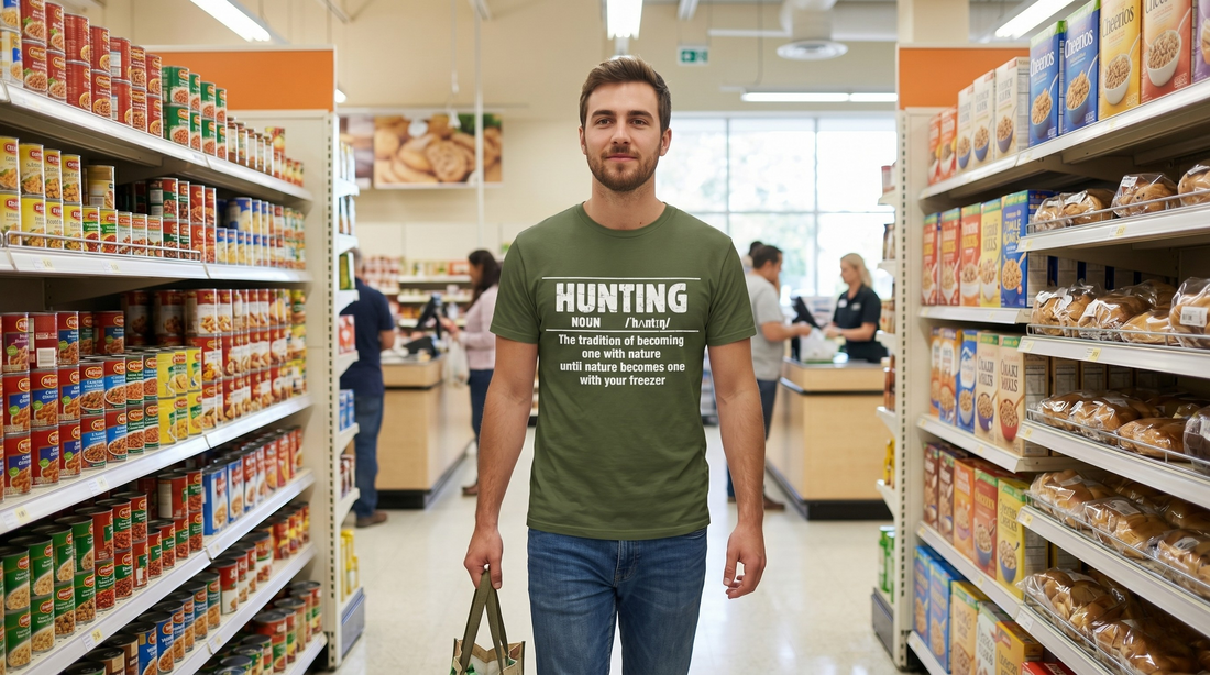 Hunter outside the hunting season, wearing a hunting humor shirt.