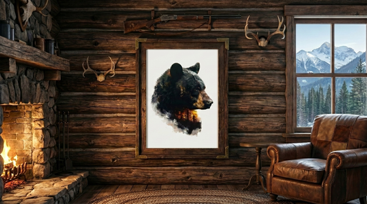 Double exposure bear head wall art hanging on the wall in a rustic mounting hunting cabin