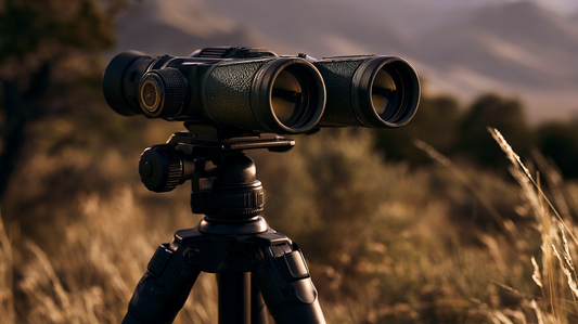 Close-up of 10x42 binoculars mounted on tripod for western big game glassing