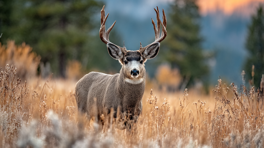Mule deer buck with large forked antlers in subalpine meadow at first light