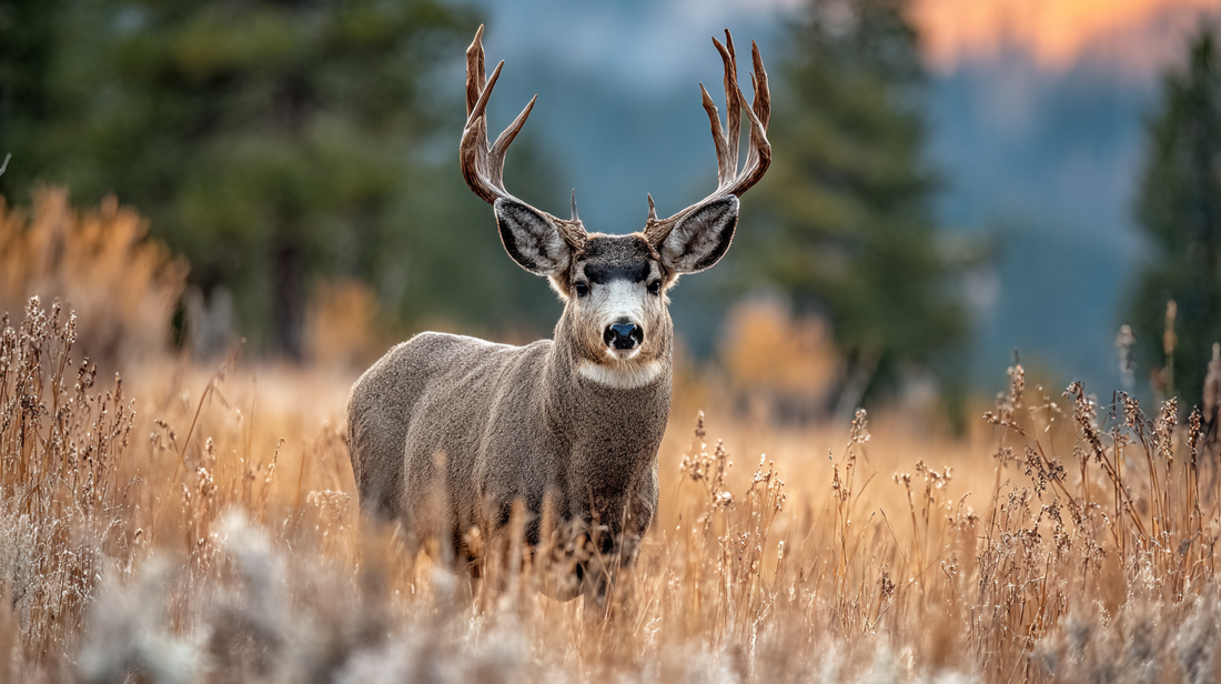 Mule deer buck with large forked antlers in subalpine meadow at first light