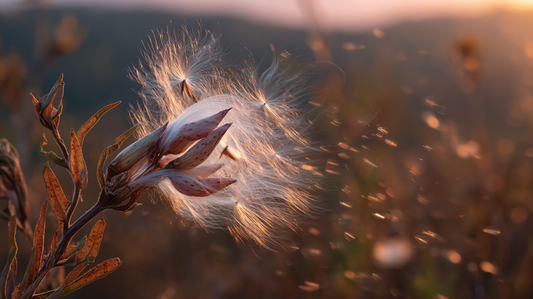 milkweed wind indicator drifting uphill at sunrise