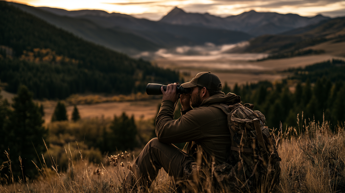 Solo high country hunter glassing open basin at first light during rifle season