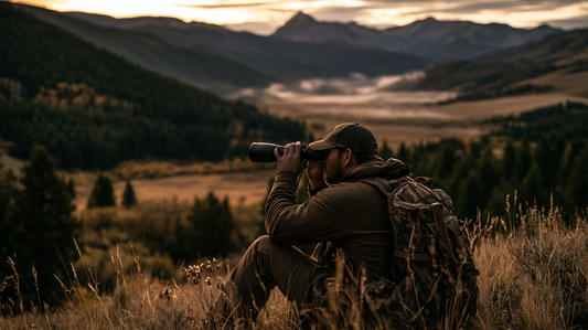 Solo high country hunter glassing open basin at first light during rifle season