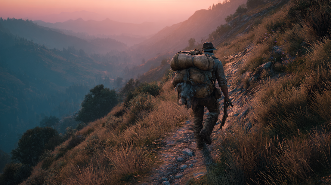 Hunter carrying heavy meat pack down steep mountain trail at dusk