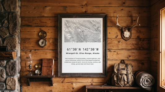 Framed coordinates poster for high country hunting location on cabin wall