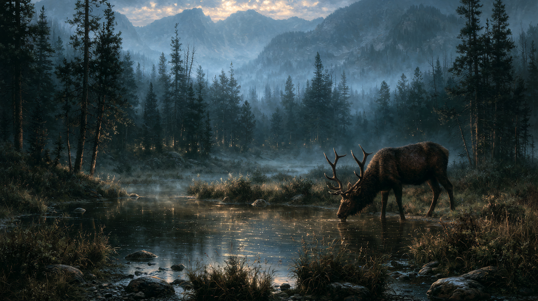 Elk drinking from spring fed pond in high elevation alpine basin at first light