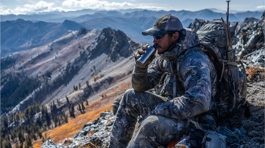 Hunter drinking water during high elevation approach in mountain terrain