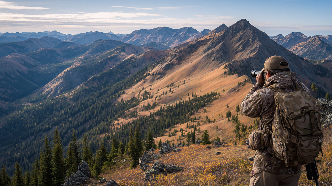 Hunter glassing a high-country basin from a ridgeline vantage point during a spot-and-stalk hunt