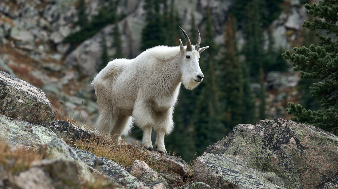 White mountain goat standing on a steep cliff face in the North American high country