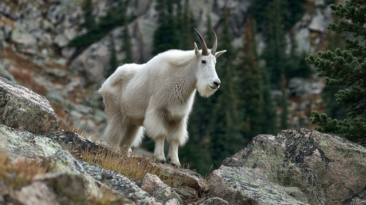 White mountain goat standing on a steep cliff face in the North American high country