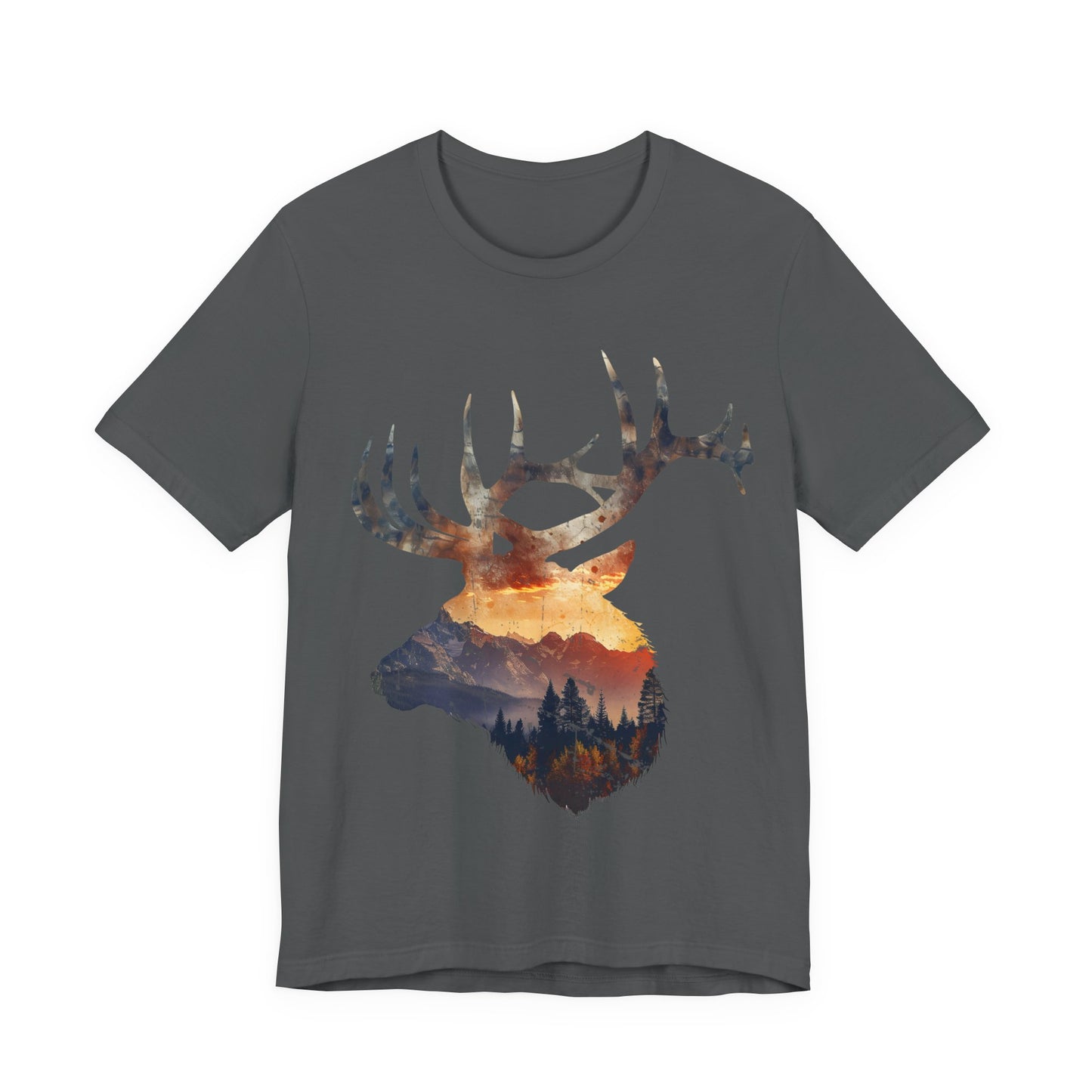 Elk mountain sunset double exposure graphic t-shirt in asphalt on a white background showing the full bull elk silhouette with alpine sunset, mountain ridgelines, and fall aspens inside.