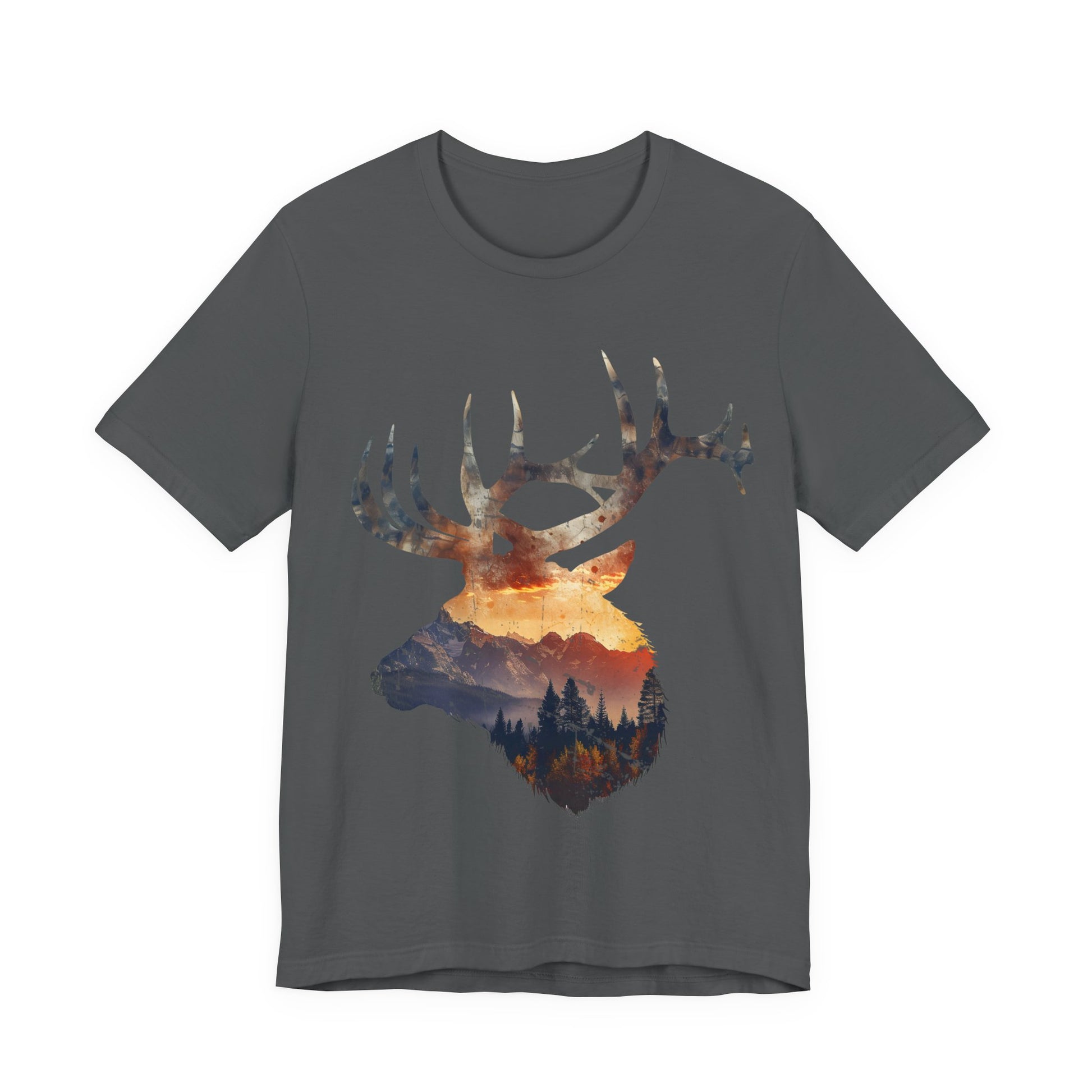 Elk mountain sunset double exposure graphic t-shirt in asphalt on a white background showing the full bull elk silhouette with alpine sunset, mountain ridgelines, and fall aspens inside.