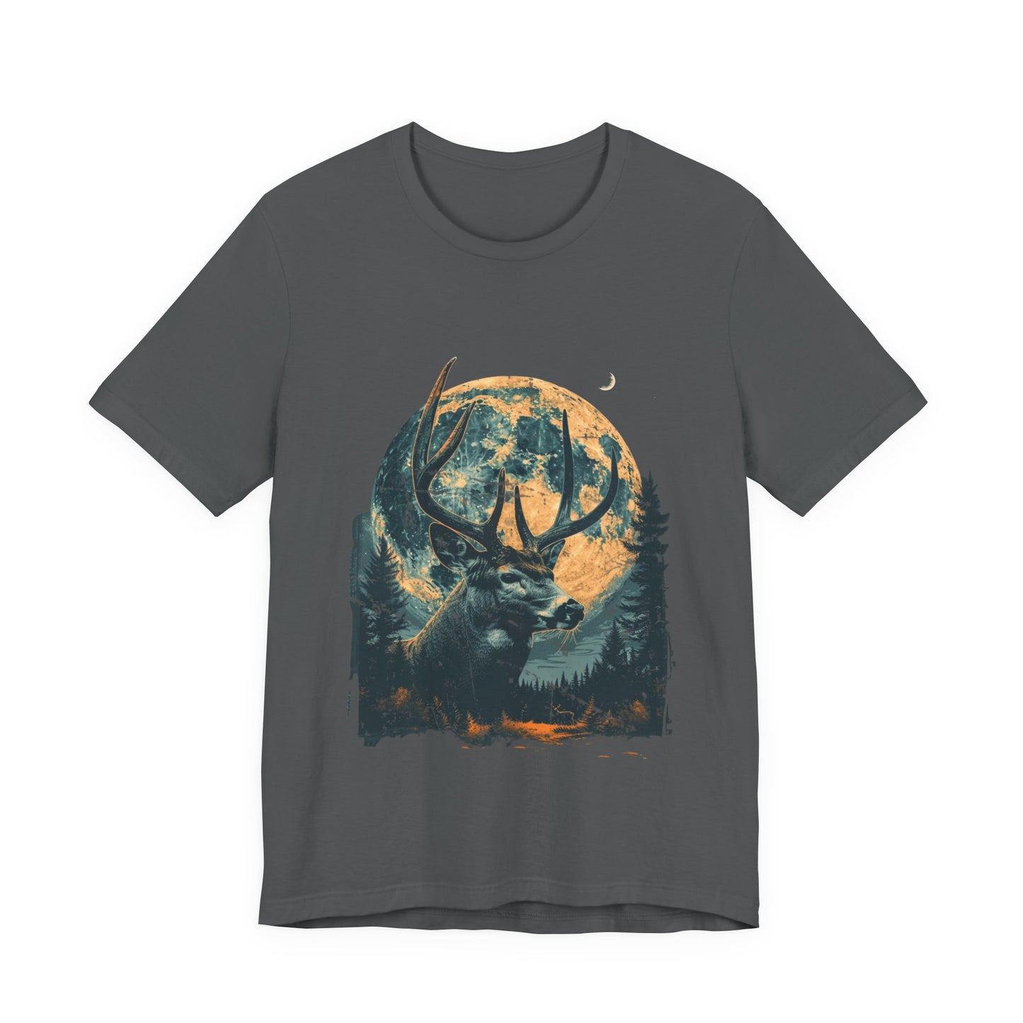 Full moon whitetail buck wildlife graphic t-shirt in asphalt on a white background showing the full painterly deer and moon design in teal and amber tones.