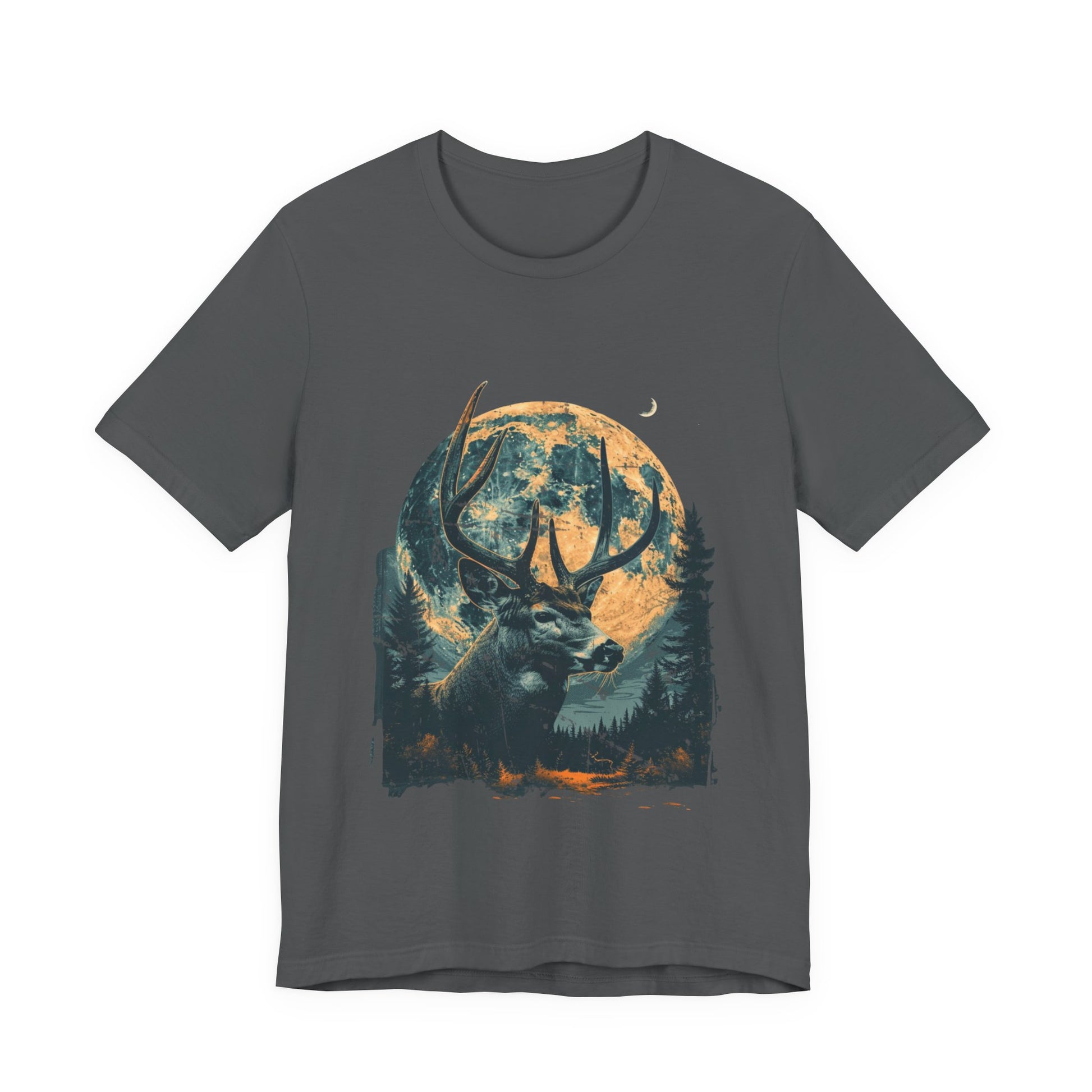 Full moon whitetail buck wildlife graphic t-shirt in asphalt on a white background showing the full painterly deer and moon design in teal and amber tones.