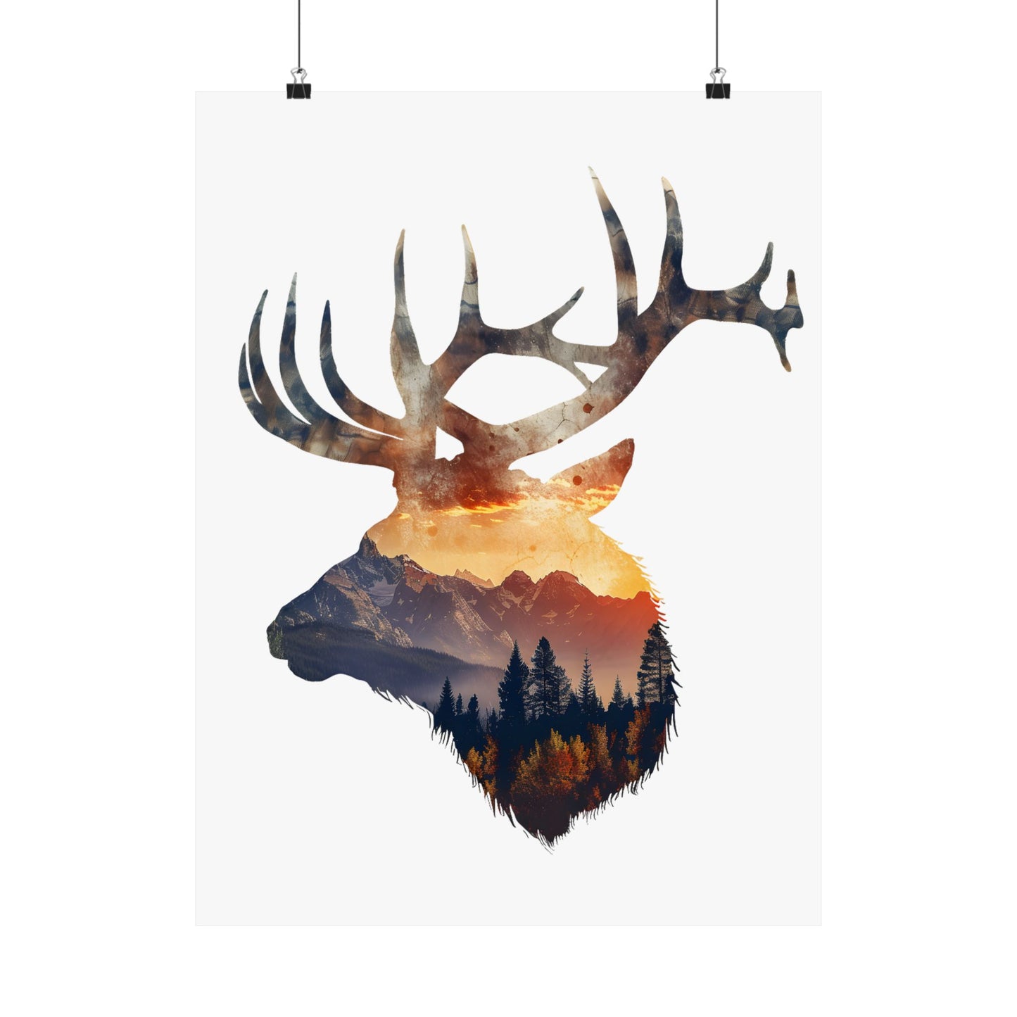 Bull elk double exposure wilderness poster hanging from binder clips against a white background showing the full unframed print proportions and mountain sunset landscape detail.