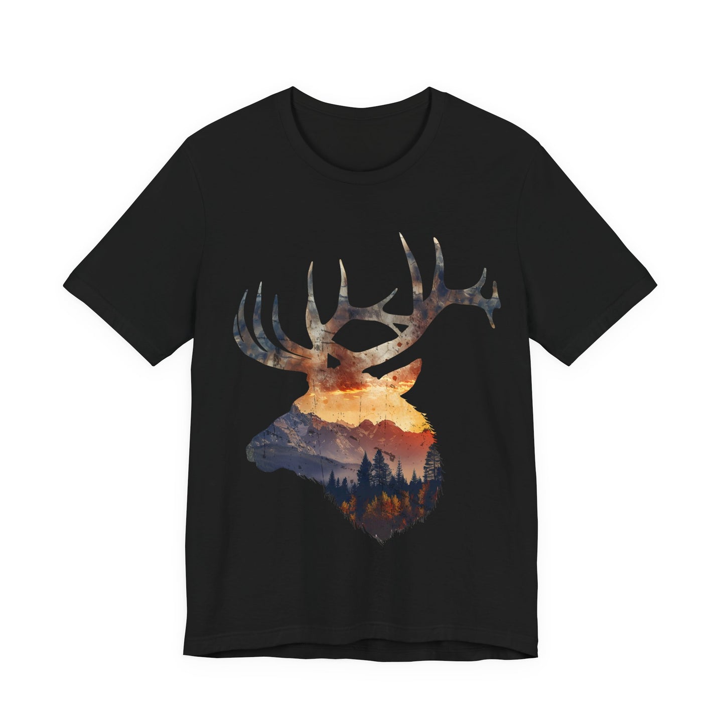 Bull elk double exposure wildlife graphic tee in black on a white background featuring a mountain sunset landscape with fall aspens and pine forest inside the elk head silhouette.