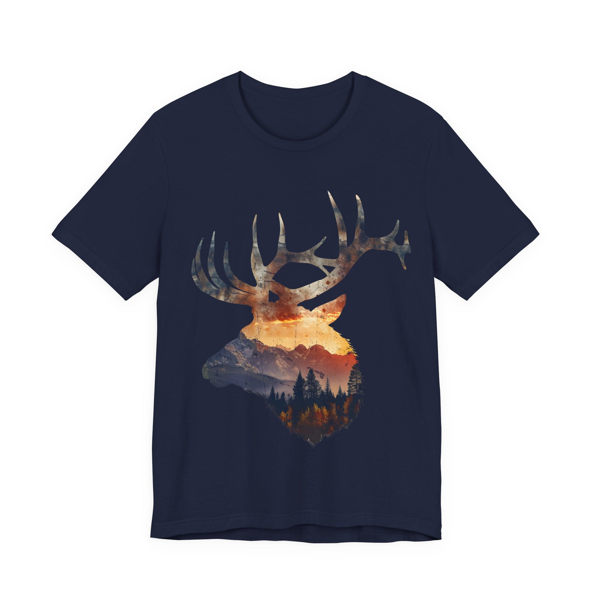 Elk mountain sunset wildlife graphic t-shirt in navy on a white background featuring the warm amber and deep blue alpine double exposure elk design.