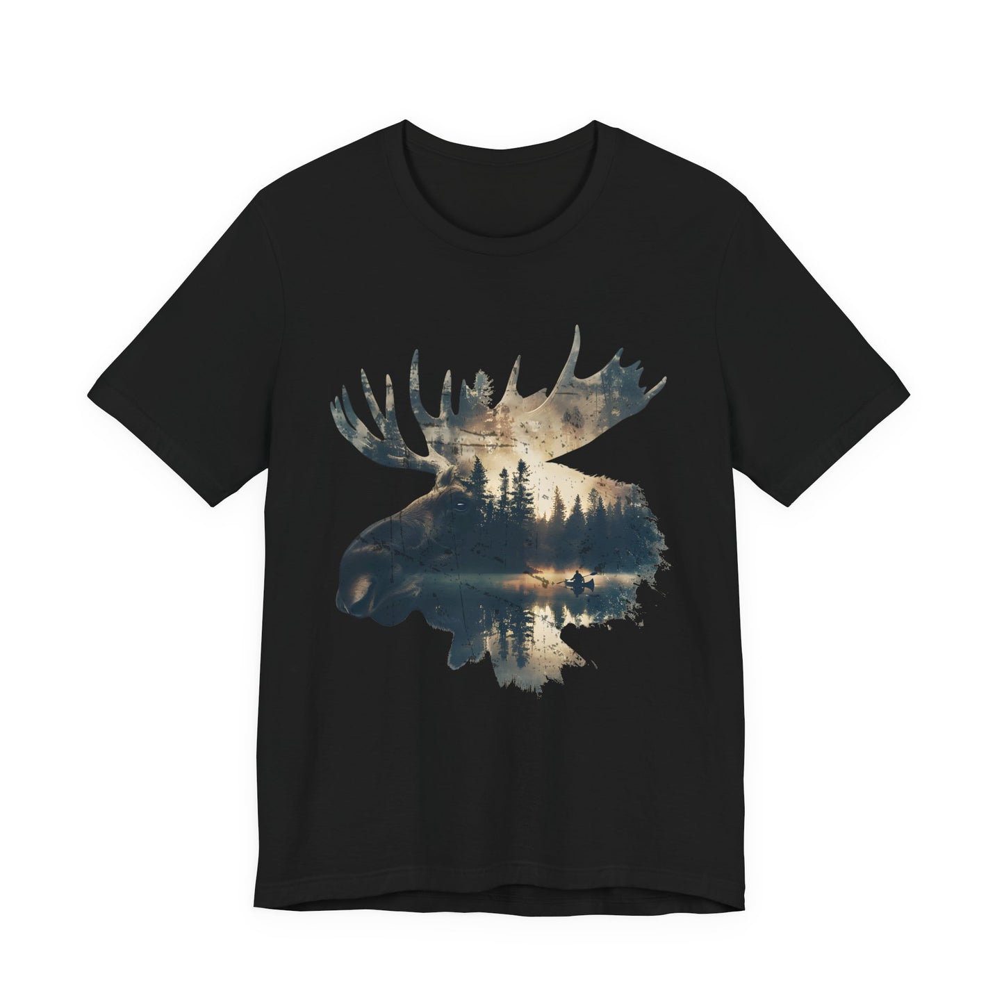Double exposure moose and wilderness nature graphic t-shirt in black on a white background featuring a canoe on a still lake inside the bull moose silhouette with golden dawn light.