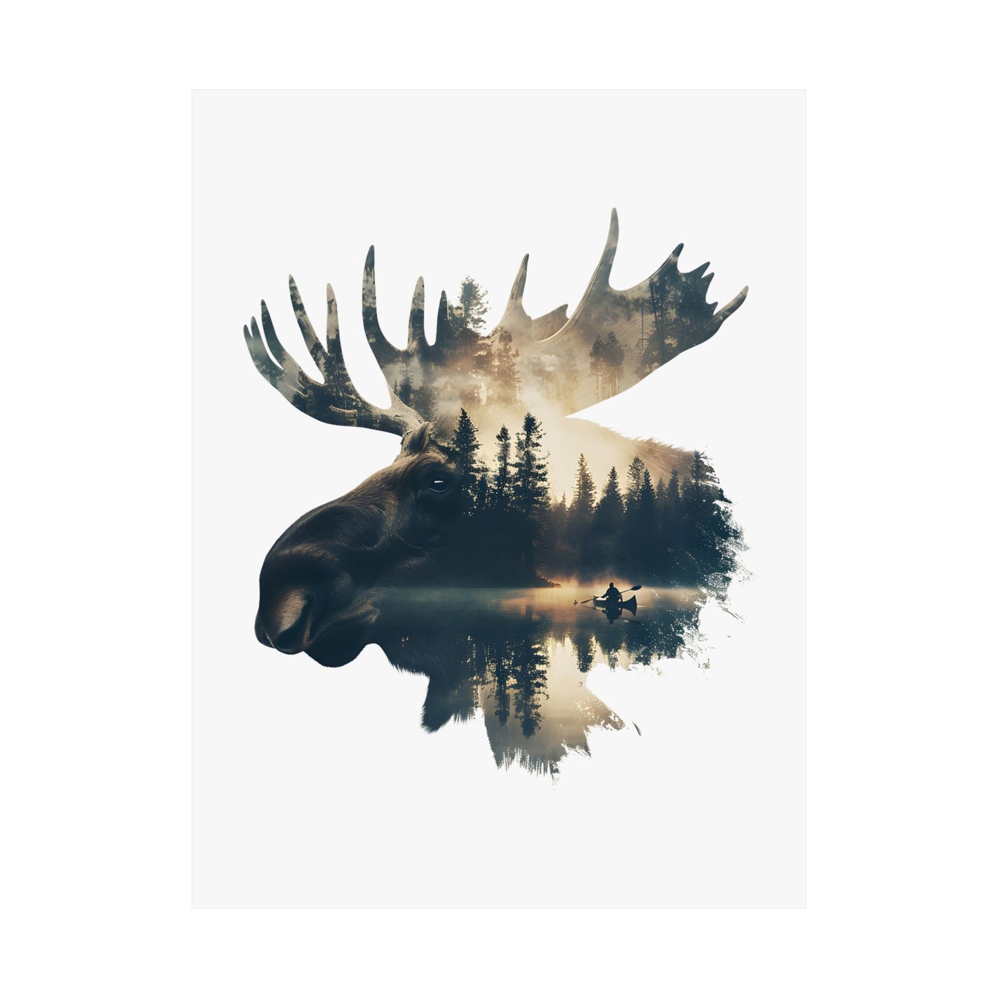 Moose double exposure wilderness art print on a white background showing the full bull moose silhouette with misty lake, pine forest, and lone canoeist at dawn, 18 x 24 inches.