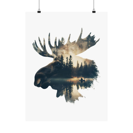 Moose double exposure nature art poster hanging from binder clips against a white background showing the full unframed print dimensions and atmospheric double exposure design.