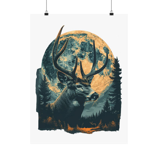 Whitetail buck full moon deer hunting poster hanging from binder clips against a white background showing the full unframed print dimensions and design detail.
