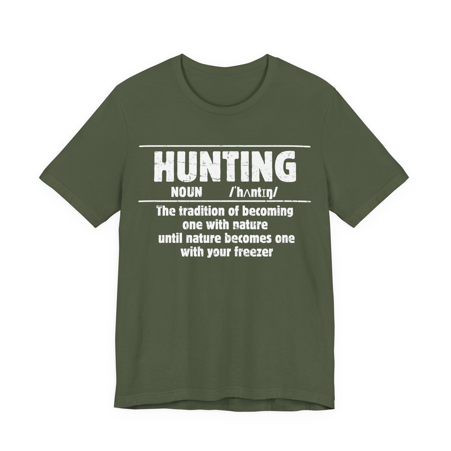 Hunting definition t-shirt in military green on a white background, a rugged earth-tone colorway built for the outdoorsman.