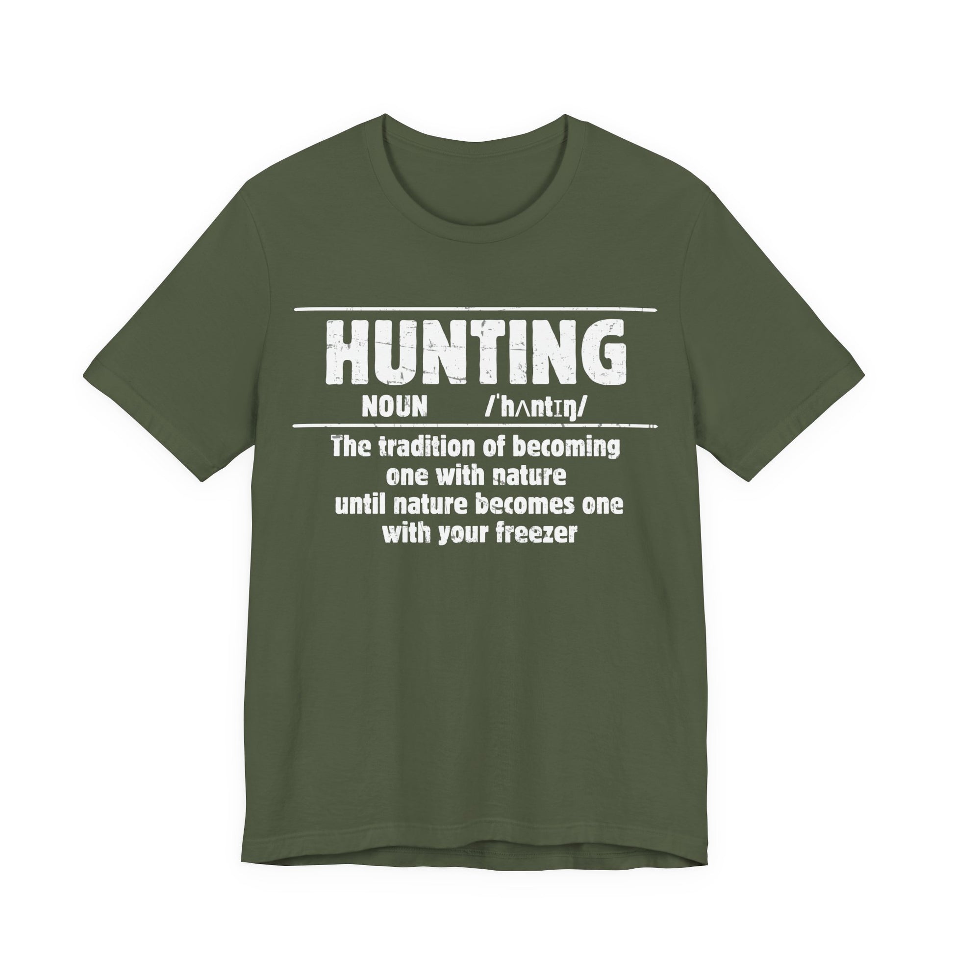 Hunting definition t-shirt in military green on a white background, a rugged earth-tone colorway built for the outdoorsman.