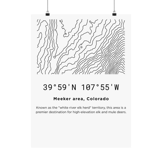 Full flat view of the Meeker Colorado topographic map poster hung with binder clips, displaying the minimalist contour map art, coordinates 39 degrees 59 N 107 degrees 55 W, and location description text.