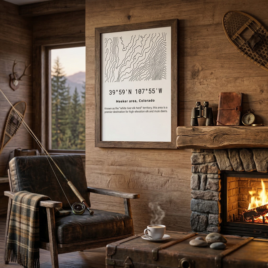 A minimalist Meeker Colorado topographic map poster with elk hunting coordinates displayed in a rustic hunting cabin frame above a stone fireplace, surrounded by antlers, binoculars, and outdoor gear.