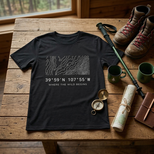 A black Colorado coordinates hunting t-shirt laid flat on a rustic wooden table surrounded by outdoor gear including a compass, hiking boots, and a rolled map, showcasing the minimalist topographic contour map design.