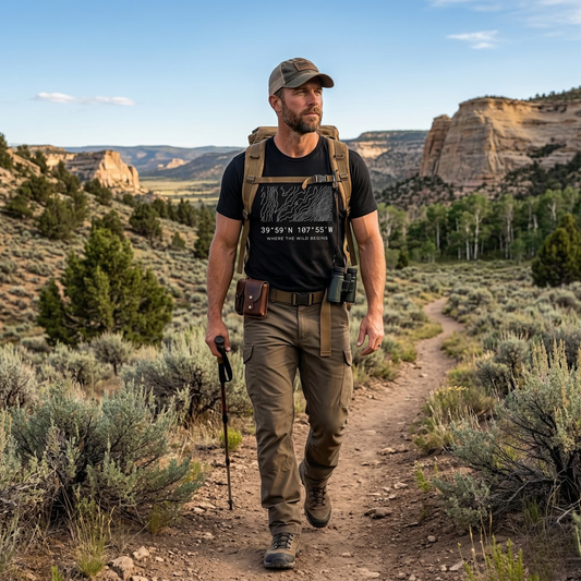 A man wearing a black High Country Heritage topographic map t-shirt with Colorado elk hunting coordinates walks a backcountry trail through Colorado canyon country carrying a hiking pole and binoculars.