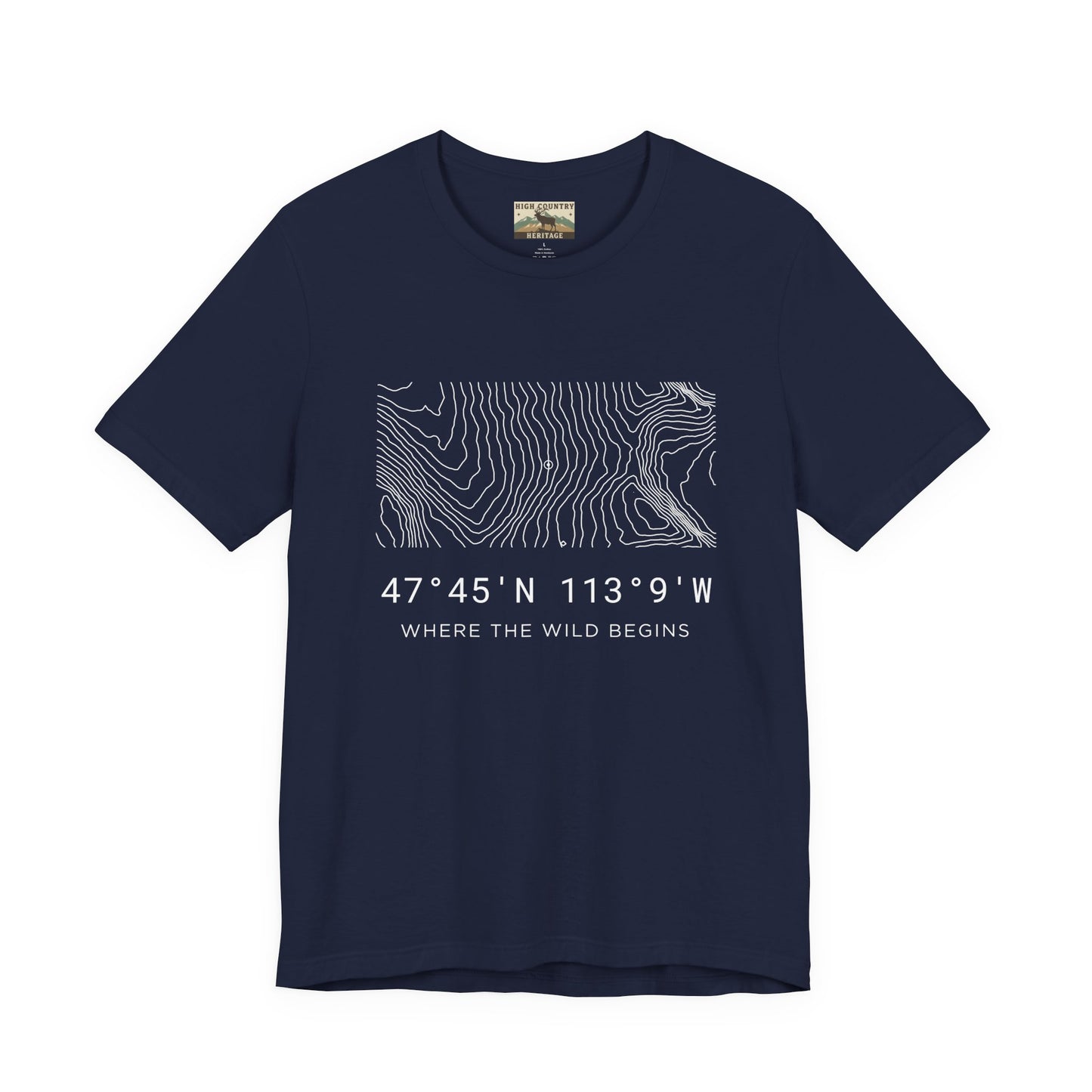 High Country Heritage Montana topographic map t-shirt in Navy, showing the minimalist contour line design and coordinates 47 degrees 45 N 113 degrees 9 W from the Bob Marshall Wilderness.