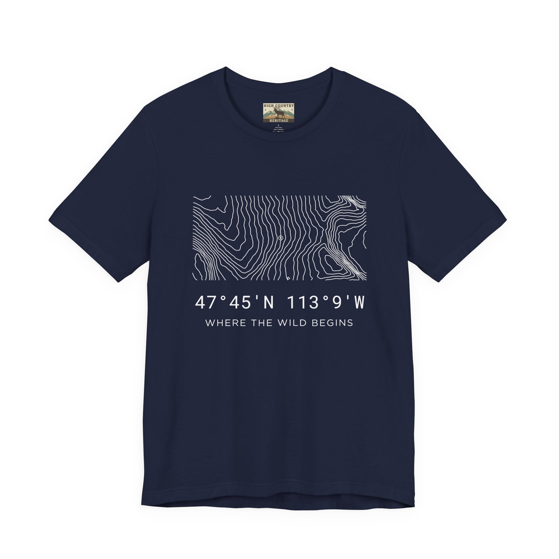High Country Heritage Montana topographic map t-shirt in Navy, showing the minimalist contour line design and coordinates 47 degrees 45 N 113 degrees 9 W from the Bob Marshall Wilderness.