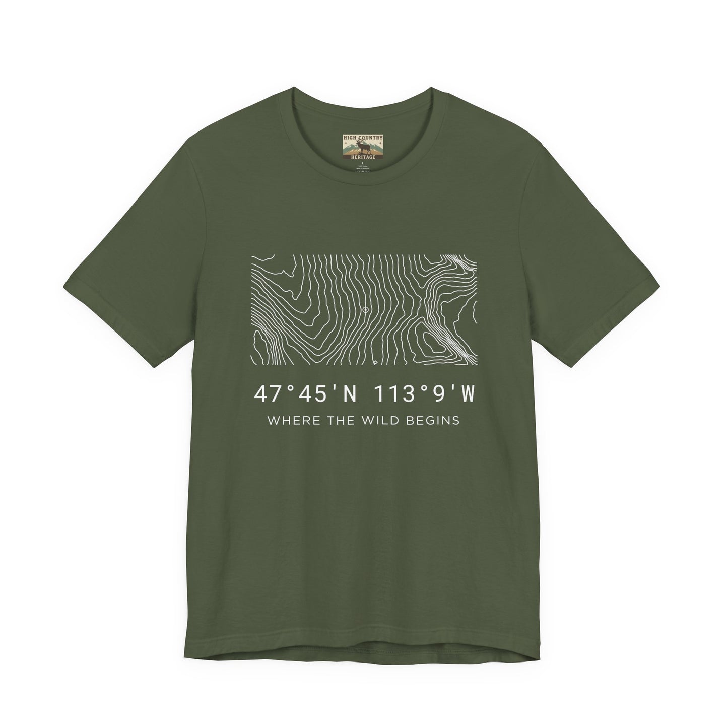 High Country Heritage backcountry hunter coordinates tee in Military Green, featuring the Bob Marshall Wilderness topographic contour map and GPS coordinates in white print on a flat product mockup.