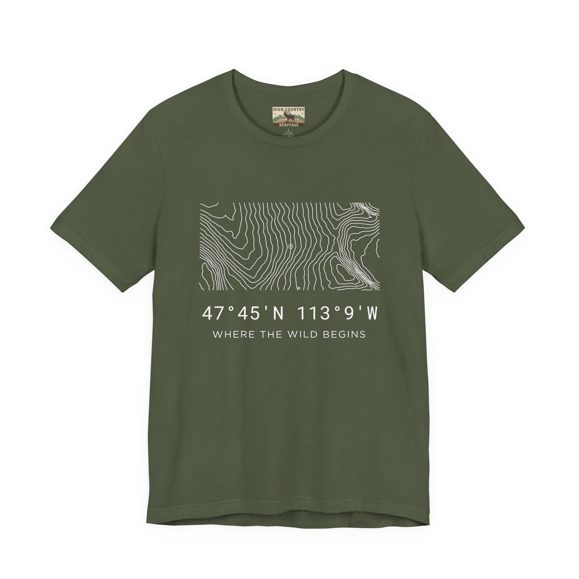 High Country Heritage backcountry hunter coordinates tee in Military Green, featuring the Bob Marshall Wilderness topographic contour map and GPS coordinates in white print on a flat product mockup.